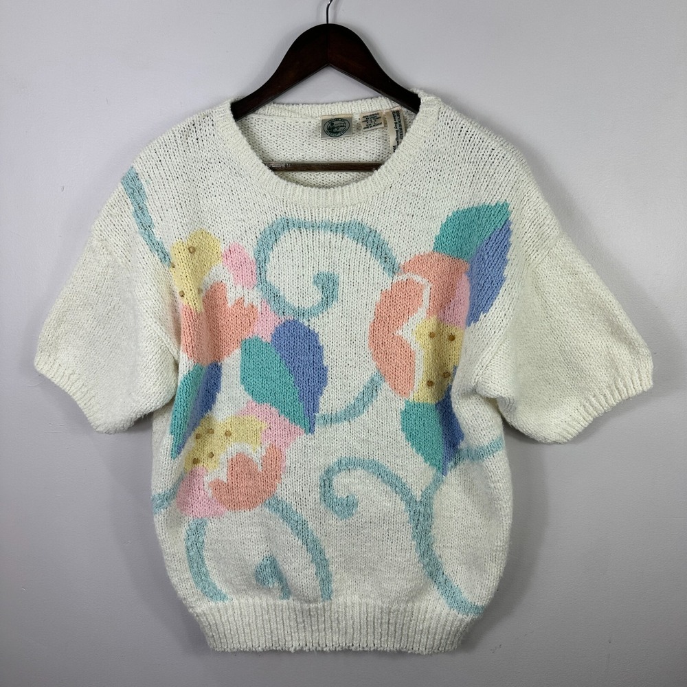 Vintage 90s Colter Bay Sweater L White Pastel Floral Knit Cottagecore Grannycore